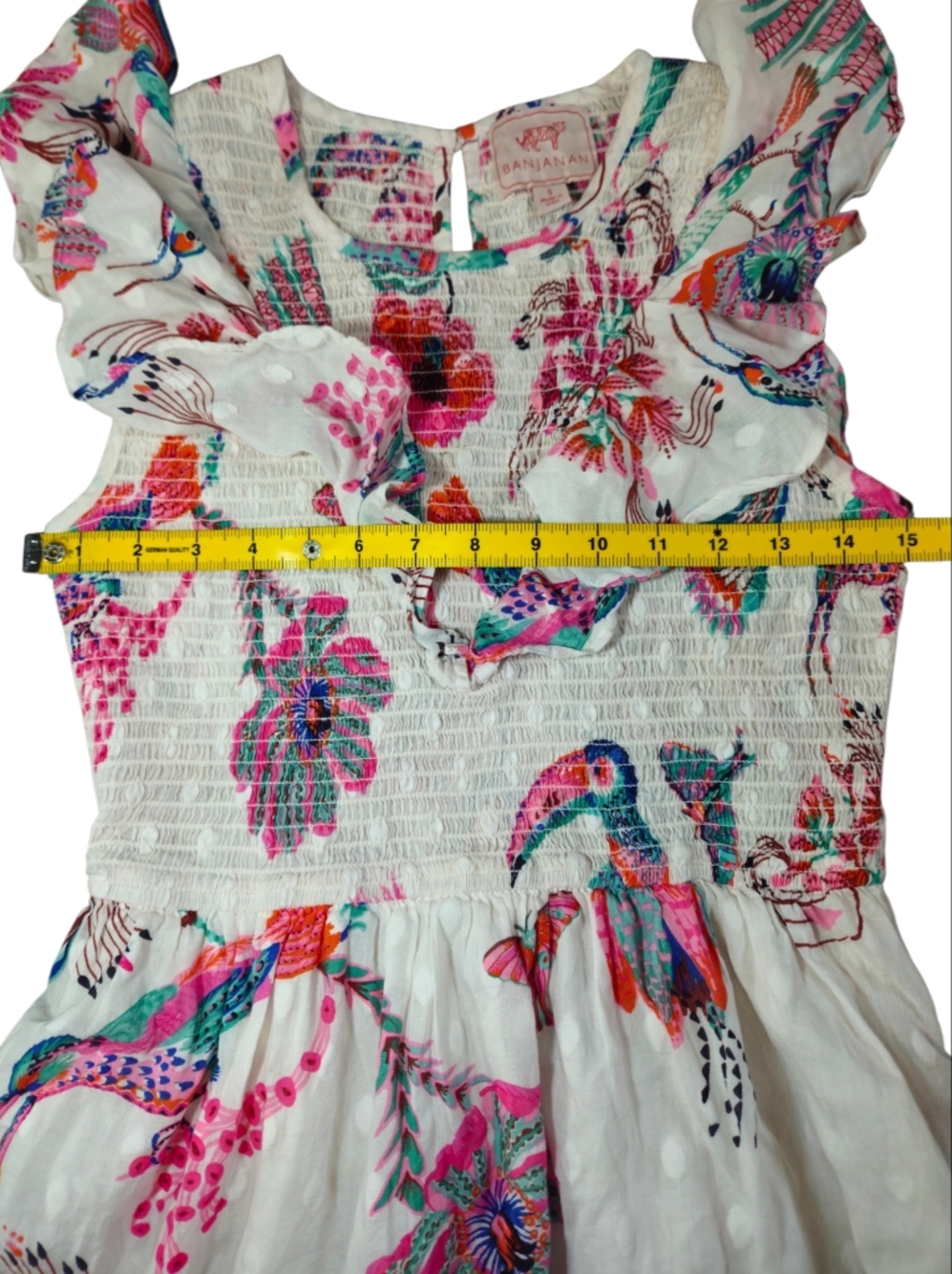 Banjanan Toucan Print Mini Ruffle Sleeve Ilona Bird Dress Cotton Boho Resort S - Picture 4 of 13
